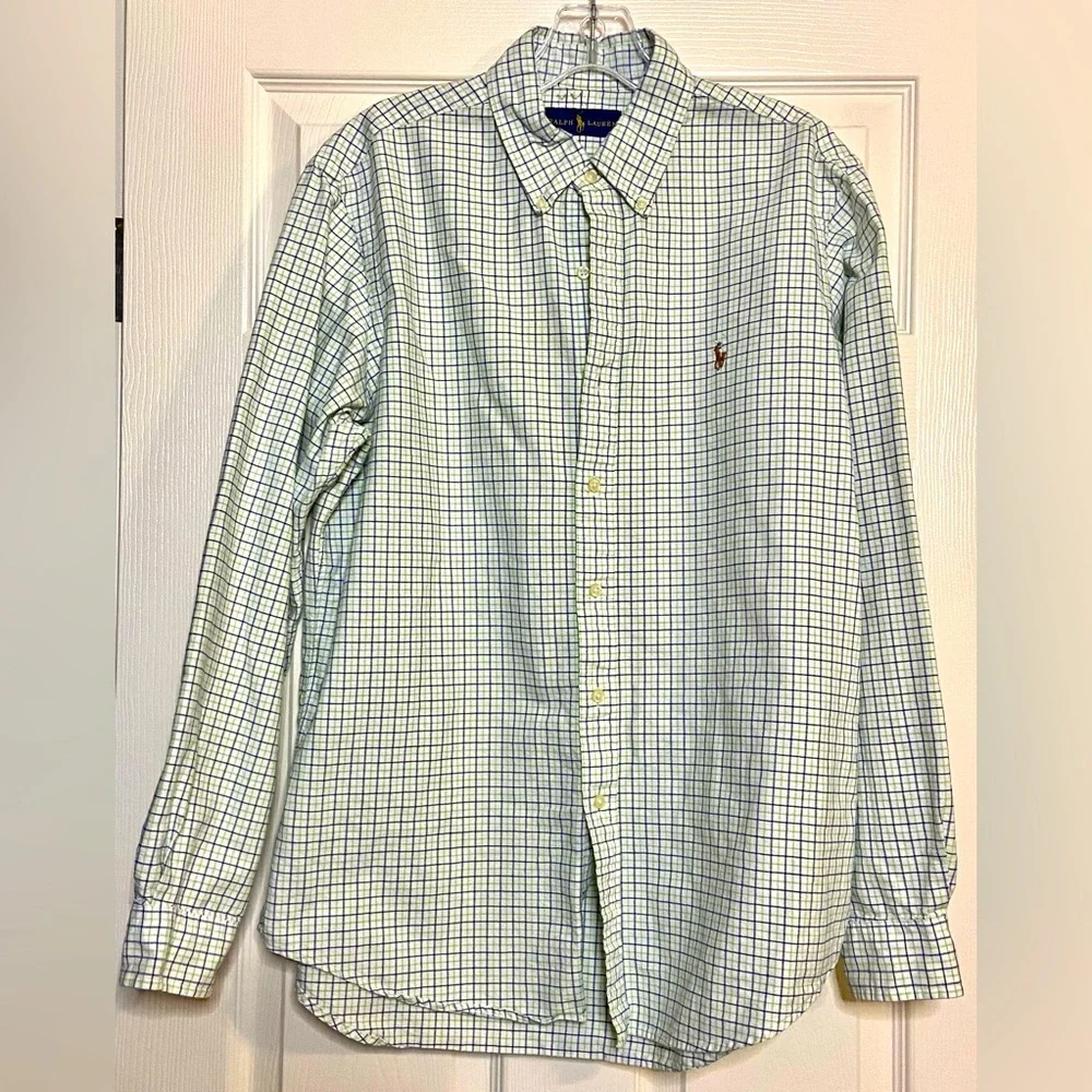 Polo Ralph Lauren Checked Shirt Mens Large Blue Green Classic Fit Flesh Pony